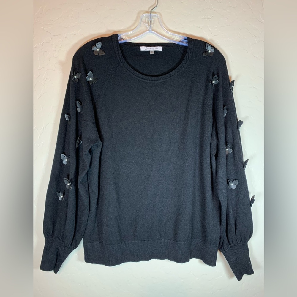 Sioni Milano XL Black Knit Sweater 3D Faux Leather Pearl Butterfly Sleeves 0430‎